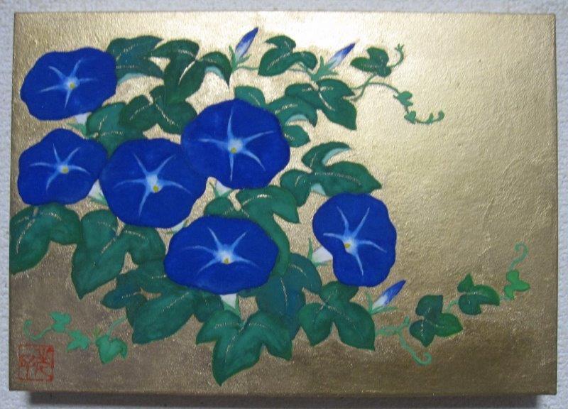 未使用】日本画「あさがお」FSM号 朝顔 琳派 金箔、岩絵の具 肉筆画
