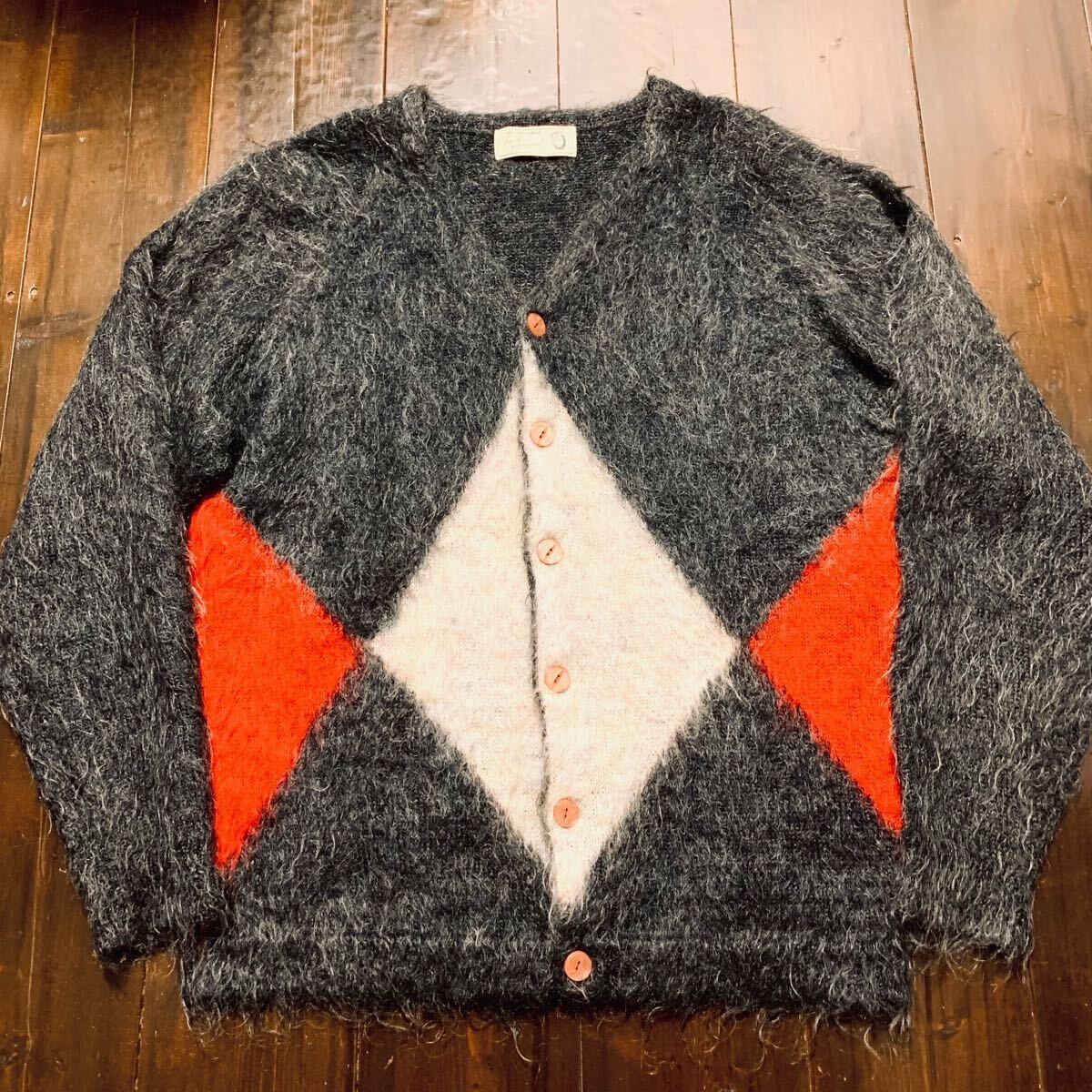 希少 毛足長 金x茶x白 アーガイル柄 60s～ ヴィンテージ USA UNKNOWN  