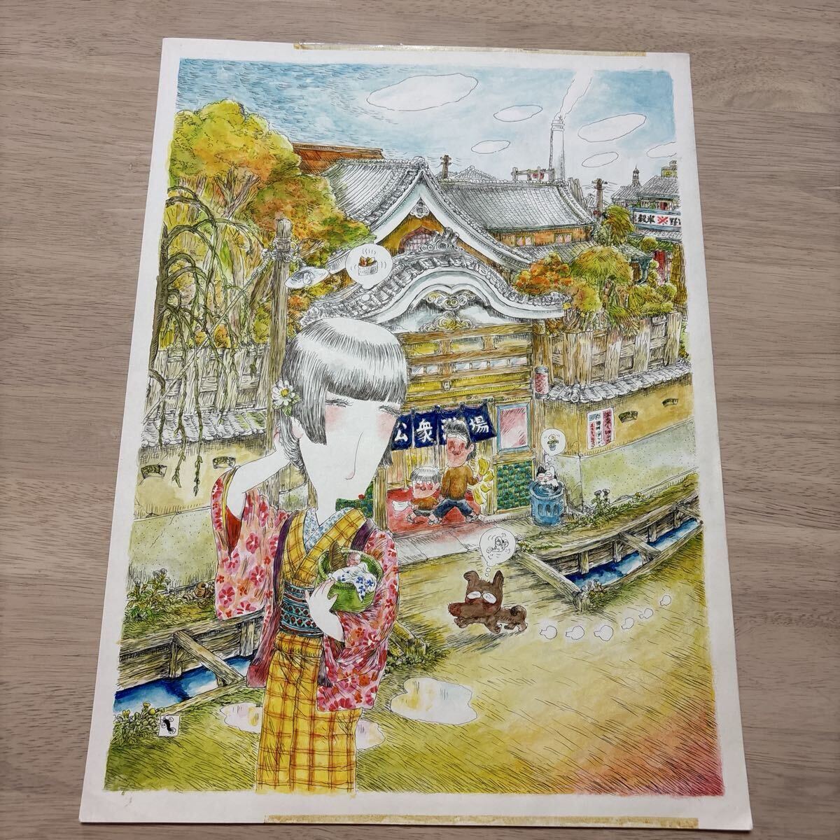 滝田ゆう！大型肉筆原画！-『想い出の街ごよみ』-泥鰌サイン入 34×48.5