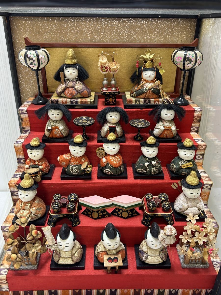 昔の 土人形 豆人形 雛人形 五段飾 ガラスケース入り ＜戦前 昭和初期