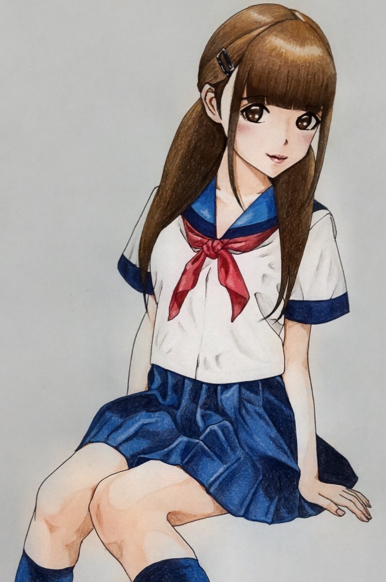 A4原画】手描きイラスト「思わぬ人からの通知」制服 JK 美少女 太もも
