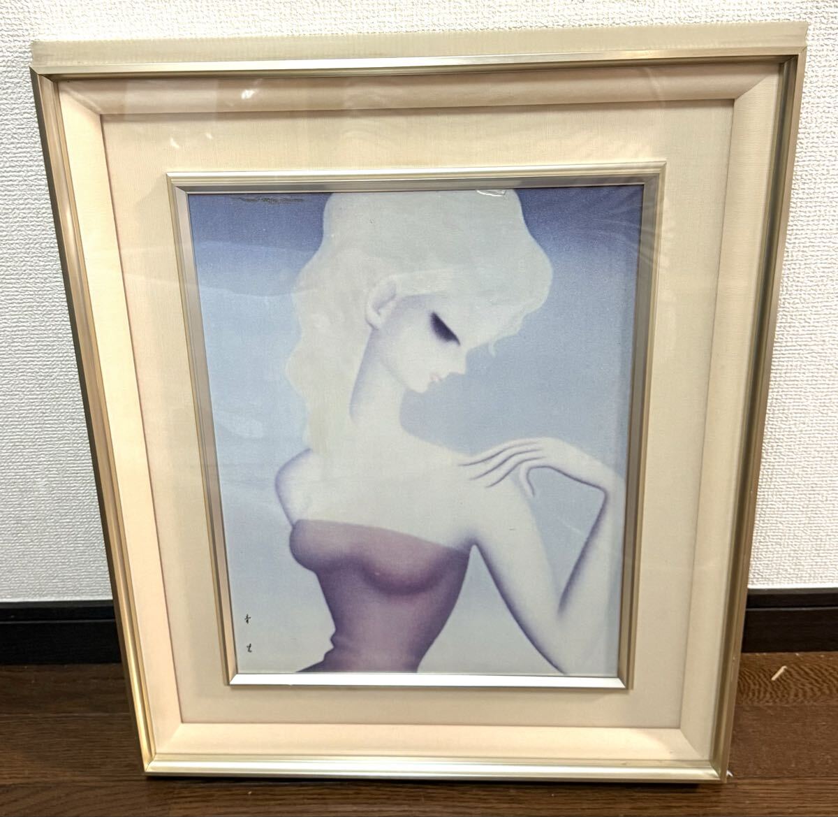 東郷青児 直筆 水彩画 色紙「婦人像」（着物女性）額装（黄袋・専用箱