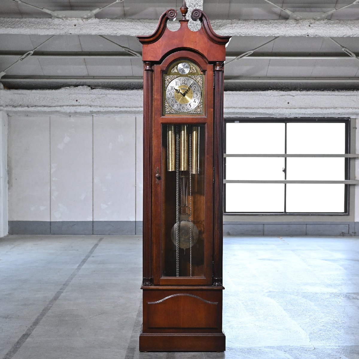 螺鈿細工の柱時計 Tempus Fugit 錘式/振り子式 難あり 高210cm 床置き