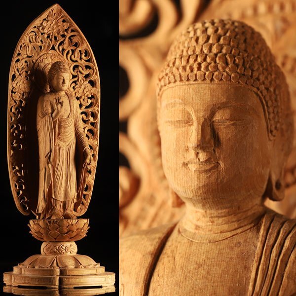 ◇澄◇ 時代 木彫 阿弥陀如来像 47cm 玉眼 鍍金 細密彫 仏像唐物骨董