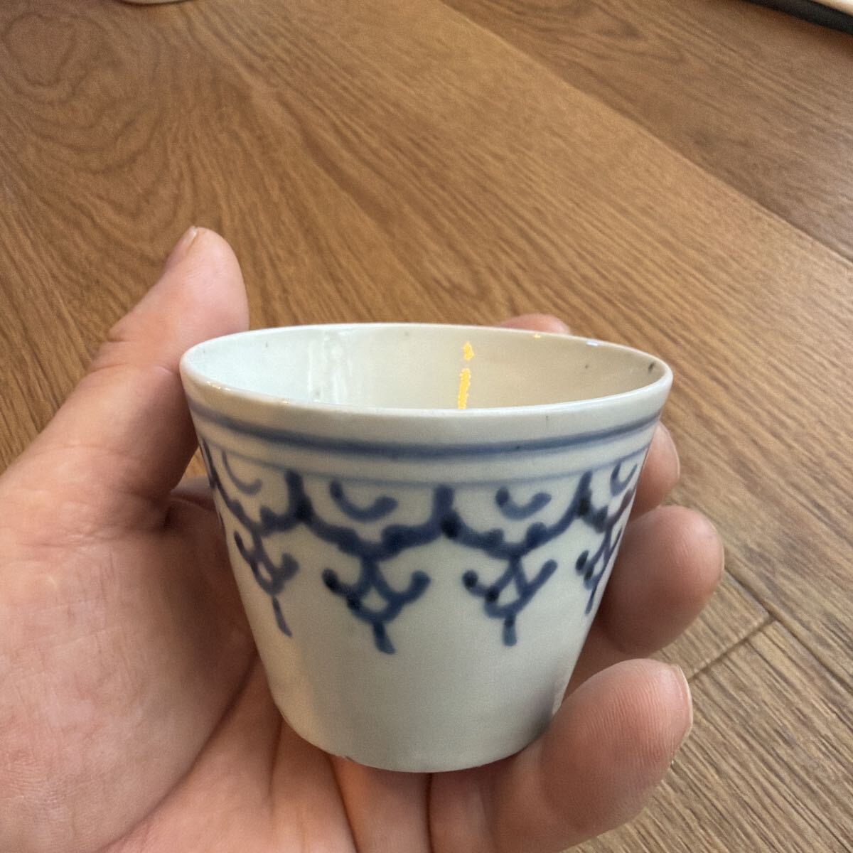 中古】【染付蔵】珍品 古伊万里 染付 七宝繋ぎ文 半筒猪口 小振り 蕎麦