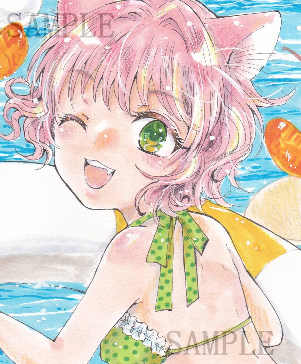 新品】同人手描きイラスト色紙 【オリジナル】ネコミミメイドな女の子