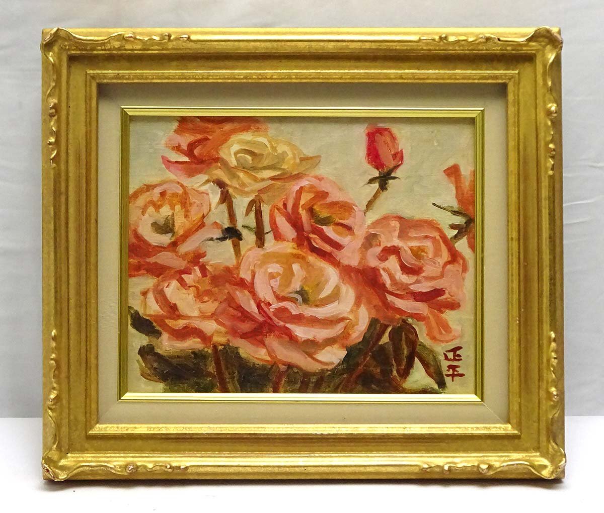 油彩画 額装品 薔薇物語　大澤扶ニ子　油彩画　ヴァイオリンを弾く女性 3号 送料無料○油彩画□作家；大澤 扶二子○題；美しきつる薔薇、額装の