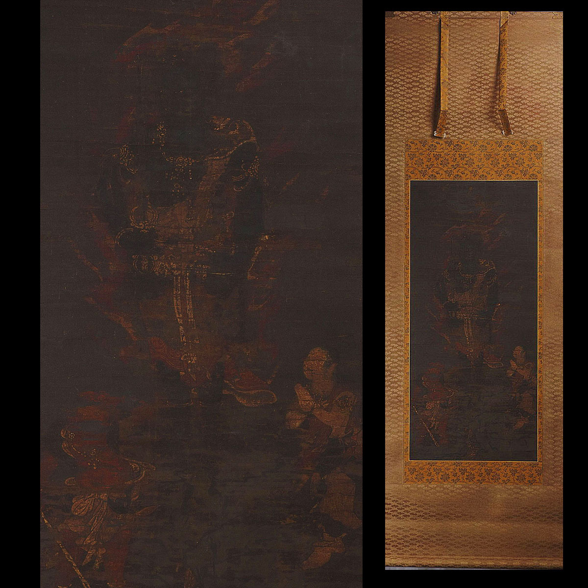 美術品】【侍】江戸時代 古画仏画 肉筆 不動明王三尊図 絹本着色 掛軸