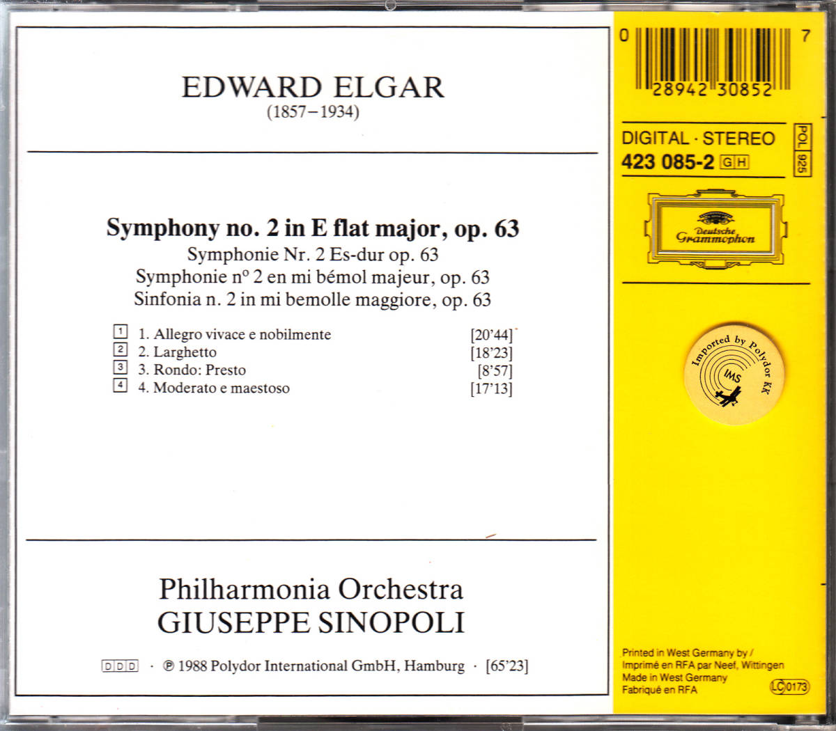 送料無料 エルガー 交響曲第2番 シノーポリ フィルハーモニア管弦楽団 Import E1818 の落札情報詳細 ヤフオク落札価格情報 オークフリー スマートフォン版