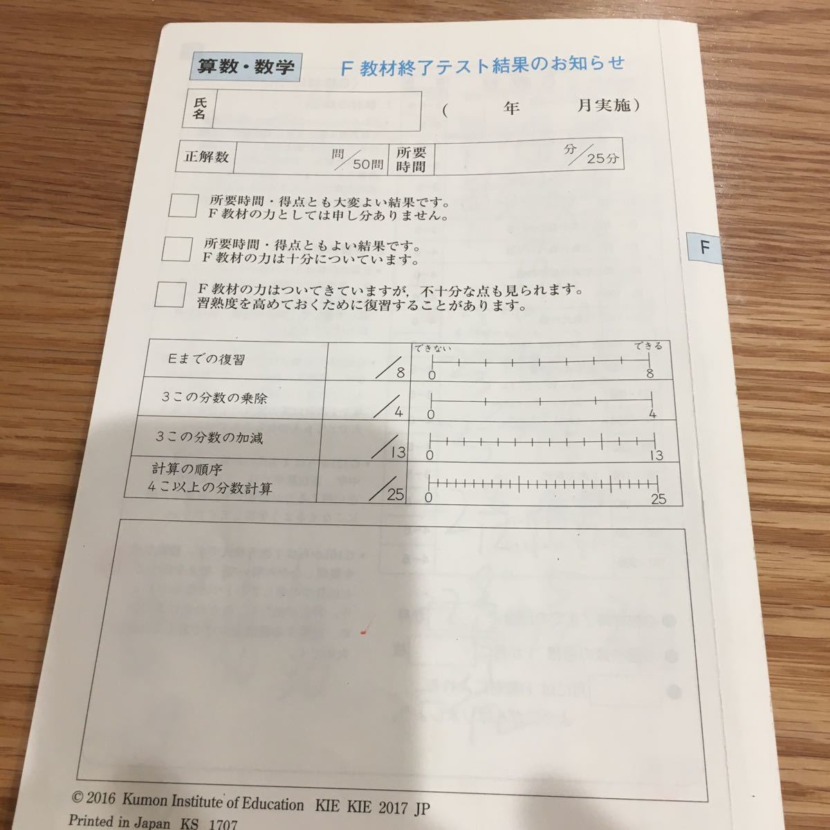 くもん KUMON 公文 算数 F 教材終了テスト 記入、採点済の落札情報詳細