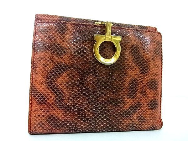 美品 フェラガモ ヴァラ リザード型押しレザー 二つ折り 財布 美品 フェラガモ ヴァラ リザード型押し レザー 二つ折り財布 茶色 1円