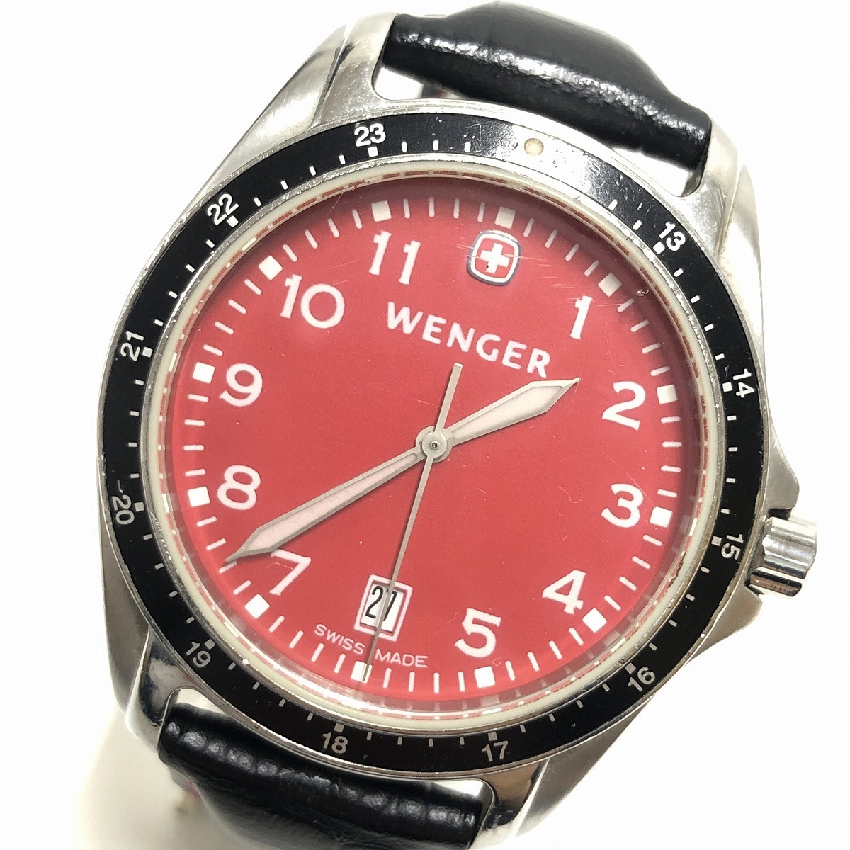 中古 ウェンガー 腕時計 7212x クオーツ デイト付 ステンレス レザーベルト 夜光針 レッド ブラック Wenger の落札情報詳細 ヤフオク落札価格情報 オークフリー スマートフォン版