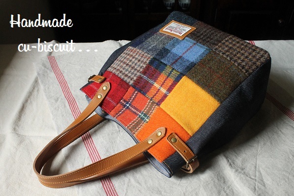 ハンドメイド*岡山デニム＆ハリスツイードのパッチワーク手提げバッグ⑨