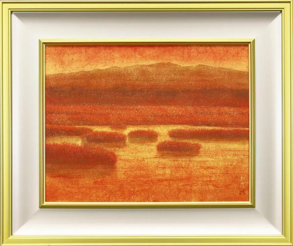 真作】【WISH】森田和彦「夕照浮島」日本画 10号 金箔仕様 金落款 共