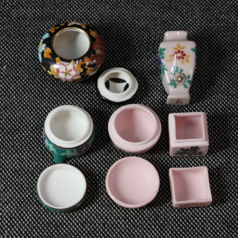☆九谷焼 雄山 ミニチュア陶器 まとめて5点 喰籠 花瓶 香炉 蓋物 雛