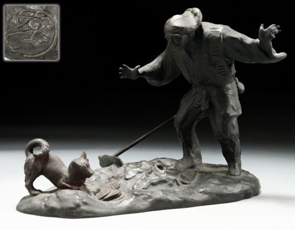 ブロンズ製　【百獣王】と題された作品　小倉右一郎作 L746. 彫刻家 【小倉右一郎】ブロンズ 花咲か爺さん 人物 犬 小判 置物